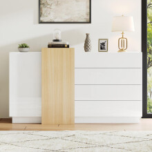 Weißes Hochglanz-Sideboard, Moderner Esszimmerschrank mit Stauraum, Minimalistischer holzfarbener moderner Aufbewahrungsschrank