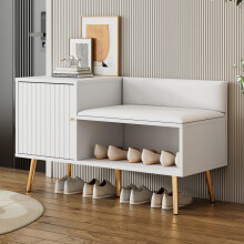 Moderne luxuriöse Schuhtruhe in Weiß mit Stauraum, gepolsterter Sitzbank und Rückenlehne - Schuhregal mit Metallgriffen und Metallbeine
