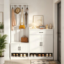 weiß Garderoben-Set 140.6 x 32 x 180 cm, Flurgarderobe Paneel+Schuhschränke, Matt, Flurmöbel, Flurtrockenständer, Flurgarderobe, Schuhw