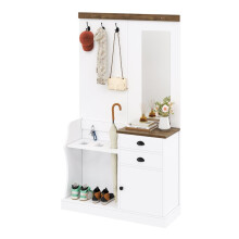 Garderobenset mit Spiegel, Haken, Schubladen und Schirmständer.