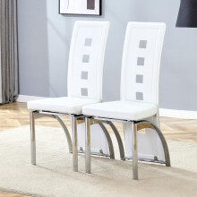 [2er-Set] Europäische Design-Esszimmerstühle mit Lochmuster, Weißes PU-Leder + Silberne Metallbeine, 102,5 cm hoch, für modernes Ess- o