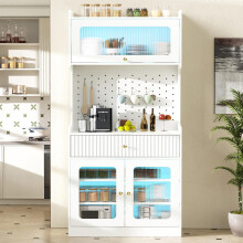 Highboard mit verstellbaren Regalböden und Schubladen, Küchenschrank mit LED-Beleuchtung und Riffelglas , Ideal für Esszimmer, Wohnzim