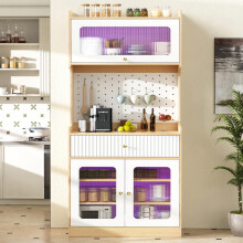 Highboard mit verstellbaren Regalböden und Schubladen, Küchenschrank mit LED-Beleuchtung und Riffelglas , Ideal für Esszimmer, Wohnzim
