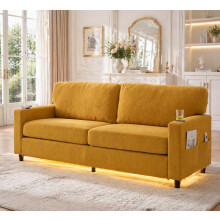 Moderner 2-Personen Chenille-Sofa mit USB-C, LED-Ambiente, Getränkehaltern und Seitentaschen. Holz/Metall-Rahmen mit Komfortschaum. Ide