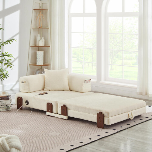 2-in-1 Folding Sofa with Sleep Function & USB/Type C Port & Storage, Compact Sofa Bed with Armrests for Small Spaces, Guest Room & Loft