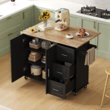 L137*B43(76)*H92cm Großer mobiler Küchentisch, Arbeitsplatte aus Eichenholz, klappbares Design, multifunktionaler Schrank, 3 Schubladen