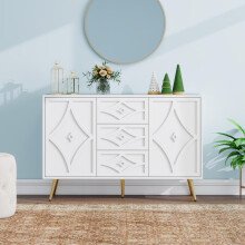 Elegante Kommode mit Rautenmuster – Weißes Sideboard mit 3 Schubladen & 2 Türen, Goldfüße, 1204080 cm, Modernes Design für Wohnzim