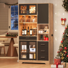 Küchenregal, Bauernhaus-Stil Vintage Hochschrank, Aufbewahrungsschrank, Vitrinenschrank, verstellbare Regale, farbwechselnde LED-Leucht