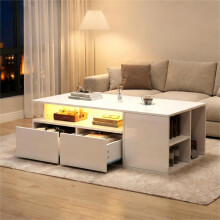 100*50*35cm Teetisch mit LED, Wohnzimmer Couchtisch, Sofatisch mit 2 Schubladen, Kaffeetisch mit Gesamttragfähigkeit von 60kg, Weißer W