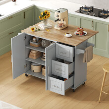 L137*B43(76)*H92cm Großer mobiler Küchentisch, Arbeitsplatte aus Eichenholz, klappbares Design, multifunktionaler Schrank, 3 Schubladen