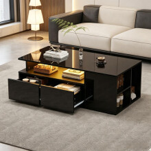 100*50*35cm Teetisch mit LED, Wohnzimmer Couchtisch, Sofatisch mit 2 Schubladen, Kaffeetisch mit Gesamttragfähigkeit von 60kg, Schwarze