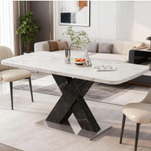120CM-160CM Modern Rectangle Dining Table Stretchable,Printed White Marble Table Top+MDF Black X-Shape Table Leg with Metal Base
