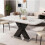120CM-160CM Modern Rectangle Dining Table Stretchable,Printed White Marble Table Top+MDF Black X-Shape Table Leg with Metal Base 1