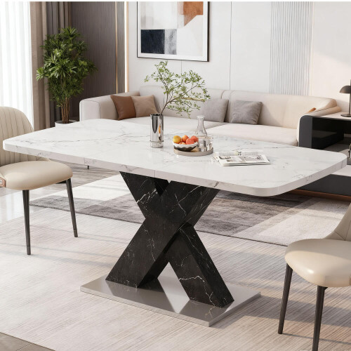 120CM-160CM Modern Rectangle Dining Table Stretchable,Printed White Marble Table Top+MDF Black X-Shape Table Leg with Metal Base
