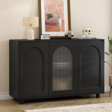 Elegantes und schlichtes U-förmiges Sideboard in schwarz mit Glastür und Rebounder-Design für Küche, Wohnzimmer und Esszimmer.