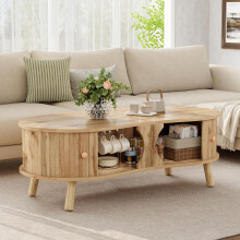 Erbsenförmiger Couchtisch mit Rillenoptik, 2 Schiebetüren, Wohnzimmertisch, Holzoptik, Massivholzbeine, MDF-Material