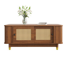 Couchtisch mit Rattan-Schiebetüren, abgerundete Ecken, Stauraum, MDF, Holzoptik, Wohnzimmertisch, Modernes Design