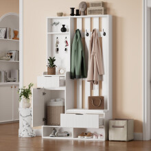 100*30*180cm Garderobenständer 6-in-1, mit 8 Haken, Schuhbank und Ablagen, Kippschutz,Kompaktgarderoben Mit Schubladen und Schränken,10