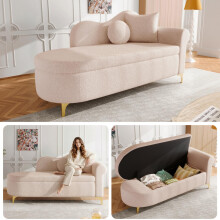 Multifunktionale Chaiselongue mit Stauraum, 134 cm, modernes Design, wellenförmige Rückenlehne, Teddyplüsch-Stoff, hochdichter Sitzkiss