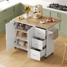 L137*B43(76)*H92cm Großer mobiler Küchentisch, Arbeitsplatte aus Eichenholz, klappbares Design, multifunktionaler Schrank, 3 Schubladen
