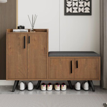 Moderner Schuhbänke mit Holzmaserung, Schuhschrank, vier Aufbewahrungstüren, asymmetrischen Metallgriffen, B120/D34/H82