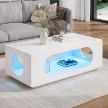 Couchtisch mit LED-Beleuchtung (App-Steuerung), 100x50x35cm, MDF-Material, 30kg Tragfähigkeit,Hochglänzender, durchbrochener kaffeetisc