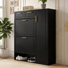 Moderne Schuhschrank, mit verstellbaren Regalen, goldenen Griffen, Schubladen, Klappschuhschrank und Türen, Schwarz, B95/D24/H107