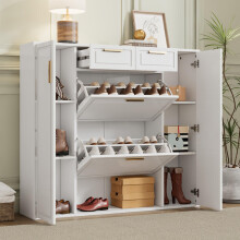 Moderne Schuhschrank, mit verstellbaren Regalen, goldenen Griffen, 2 Schubladen, Klappschuhschrank und 2 Türen, weiß, B120/D24/H107 CM