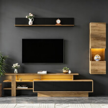 TV Wohnwand Set 3-teilig LED Beleuchtung Wohnzimmer Möbel Set Frontale Wohnwand 1 x TV Schrank, 1 x Wohnzimmer Vitrine, 1 x Hängeregal