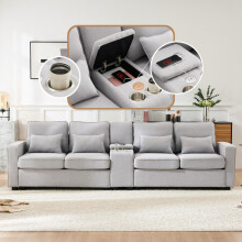 Modernes 4-Sitzer-Sofa aus Leinenstoff mit Konsole, 2 Getränkehaltern, 2 USB-Anschlüssen zum Aufladen mit Kabel, mit Armlehnentaschen u