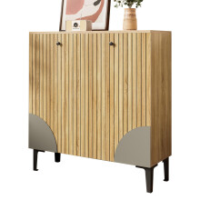 Moderner Schuhschrank 90x32x94 cm in Holzoptik mit drei Türen, Stauraum und Ablage – heller Flurschrank mit schwarzem Gestell, vertika