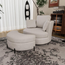 Moderner übergroßer Sessel mit mondförmigem Stauraumhocker, aus beige Chenille, 3 einzeln verwendbare Kissen, hochelastische Sitzpolste