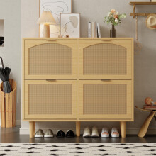 Schuhschrank mit 4 Klappschubladen, Schuhkommode aus Rattan mit Metallgriffen, Schuhregal für Flur, Schlafzimmer, Wohnung,Holzmöbel, La