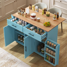 129x46(71)x91,5 cm großer Speisewagen/Sideboard, Arbeitsplatte mit Massivholzmaserung + blauer Schrank/faltbare Arbeitsplatte/Aufbewahr