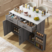 129x46(71)x91.5(95)cm Dining Cart/Dining Sideboard, White Marble Countertop and Khaki Gray Wood Grain Cabinet/Extendable Countertop/Sto