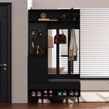 Garderoben-set, Wandgarderobe, Flurgarderobe Set mit Schuhbank, Garderoben Set mit 4 Kleiderhaken, zwei Schubladen und 1 Türen, Schwarz