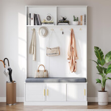Garderobenständer mit Schuhbank, Garderobe, 6 Dreifach-Haken,freistehend, platzsparend, für Eingangsbereich,Flur, Weiß, 12040191c