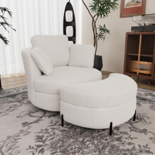 Moderner XXL-Sessel mit mondförmigem Stauraumhocker, aus ivory sherpa , 3 separat nutzbare Kissen, hochelastische Sitzpolsterung – beq