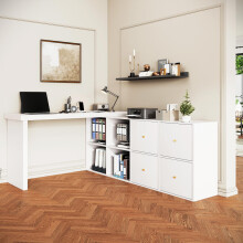 Ecktisch, Tischplatte 360 schwenkbar - L-förmig oder gerade aufstellbar, MDF, Tischplatte und Beine 4 cm verstärkt, mit 4 Fächern, 4
