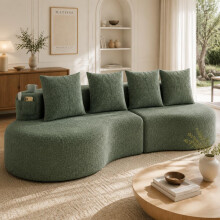 Leinenstoff-Sofa mit 4 Kissen, Hochdichtschaumfüllung + Federstücke, Tassenhalter & Seitentasche – Einzigartiges Design, Bequem & Atmu