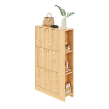 Moderner minimalistischer Schuhschrank aus Holz, dreitüriges Design, großes Fassungsvermögen, offene Regalfächer, stilvoll und praktisc