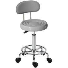 Rollhocker, Drehbarer und verstellbarer Hocker mit Rückenlehne, Kunstlederbezug, Fußstütze, für Frisiertische, Grau