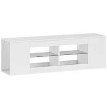140 cm TV-Ständer, Fernseh-Kommode, 6 Fächer, 2 Glasregale, Spanplatte, Weiß