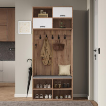Garderobenset, Komplett-Set Flurgarderobe mit Sitzbank, 5 Haken, 2 Türen & 6 Offener Lagerraum - Naturholzfarbe und Weiß, 8018535