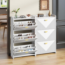 Zweiteiliges Set--140*30*120cm Schuhschrank mit 6 unteren Klapptüren,Sideboard, Wohnzimmerschrank,MDF,Weiß,Vakuumformdesign, verstellba