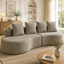 Leinenstoff-Sofa mit 4 Kissen, Hochdichtschaumfüllung + Federstücke, Tassenhalter & Seitentasche – Einzigartiges Design, Bequem & Atmu