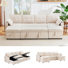 Schlafsofa mit Schlaffunktion, U-förmiges Sofa, Polstersofa, Baumwoll-und Leinenstoffe, mit Getränkehalter, Stauräume, geeignet für Fam
