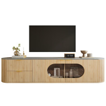 Moderner, minimalistischer TV-Schrank in Holzoptik , Schranktüren mit vertikalen 3D-Streifen , Ovaler Vitrinenschrank aus grauem Glas ,