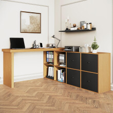 Ecktisch, Tischplatte 360 schwenkbar - L-förmig oder gerade aufstellbar, MDF, Tischplatte und Beine 4 cm verstärkt, mit 4 Fächern, 4