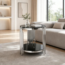 45cm Modern Rundglas Endtisch für Wohnzimmer Schwarzer Kreis Beistelltisch mit silbernem Edelstahlrahmen und 6mm gehärtetes Glas für Co